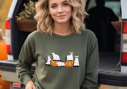 Discover Funny Ghost Cats Halloween Sweatshirt for Cat Moms