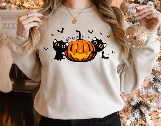 Discover Adorable Black Cat and Pumpkin Sweatshirt for Halloween