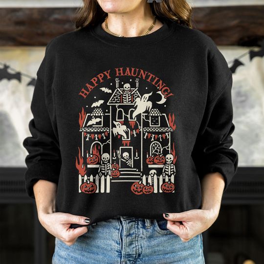 Discover Halloween Skeleton Sweatshirt - Happy Haunting Pumpkin Shirt