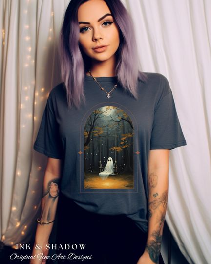 Discover Ghost on a Swing Halloween Graphic Tshirt | Spooky Cute Halloween Clothing Goth Aesthetic |  Sweatshirt Cute Ghost Art Hoodie