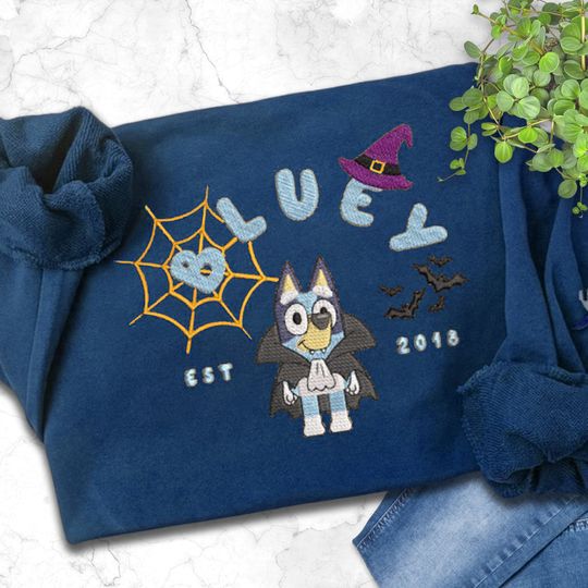 Discover BlueyDad EST 2018 Embroidered Sweatshirt/T shirt/Hoodie, Happy Halloween Sweatshirt, Blue Dog Cartoon Embroidered Sweatshirt, Halloween Hoodie