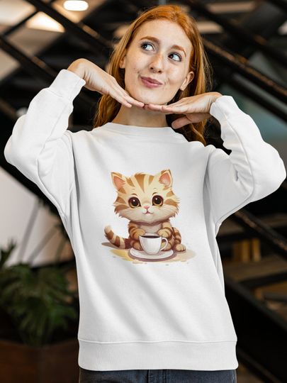 Discover Gift For Cat Lover Sweatshirt Adorable Cat sipping Coffee