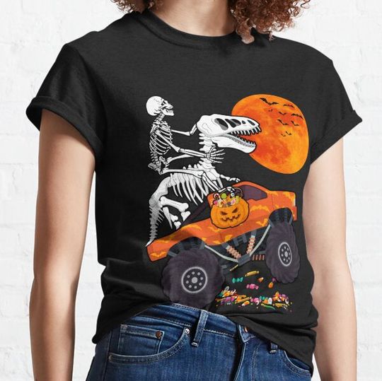 Discover Skeleton Riding Dinosaur Monster Truck Halloween T-shirts