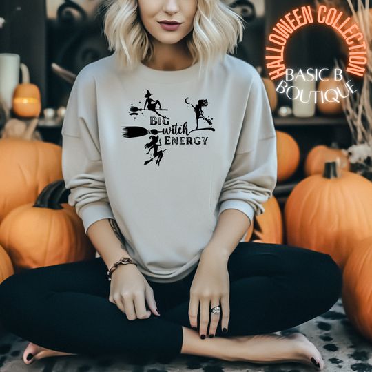 Discover Halloween BIG WITCH ENERGY Sweatshirt, Funny Halloween Shirts, Trendy Oversized Crewneck Sweaters, Witchy Vibes, Colour Beige