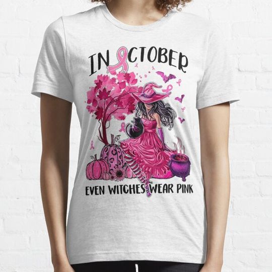 Discover In October Even Witches Wear Pink Autumn Fall Breast cancer T-shirts
