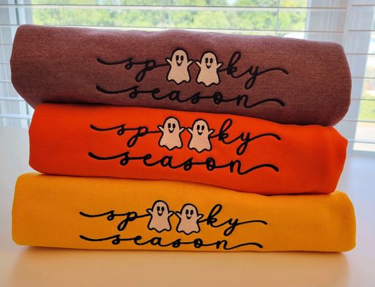 Discover Embroidered Spooky Season Sweatshirt or Hoodie, Fall Crewneck, Halloween Ghost Shirt, Customized Colors