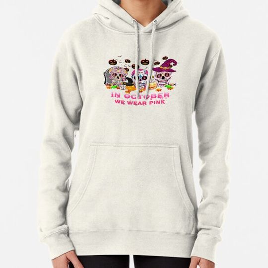 Discover In October We Wear Pink Pumpkin Skull Halloween Breast Cancer Hoodies