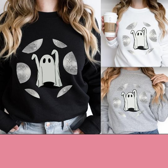 Discover Spooky Dancing Disco Ball Ghost Sweatshirt, Trendy Pink Halloween Shirt, Preppy Fall Pullover, Autumn Season Shirts, Seasonal Gift for Her