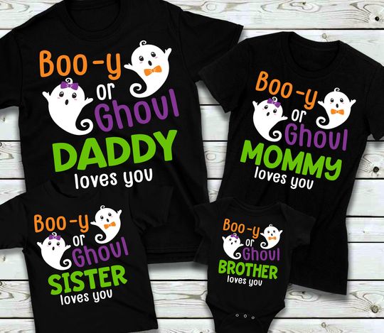 Discover Halloween Baby Shower Shirts for Family - boo-y or ghoul, mommy grandma auntie brother, gender reveal, black shirts, halloween baby shower
