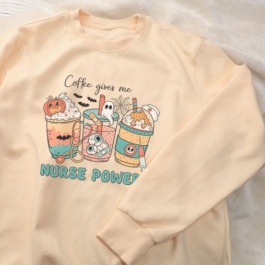 Discover Halloween Coffee give me Sweatshirt,Fall Winter Halloween Sweatshirt,Halloween Ghost Eyes Syringe Nurse Sweatshirt,Spooky Season Sweatshirt