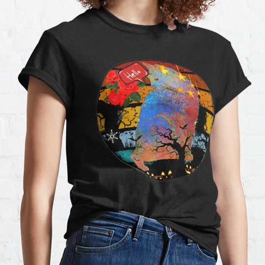 Discover The Cat Says hey | Cute cat with red flowers say hello, in Halloween 2 T-shirts