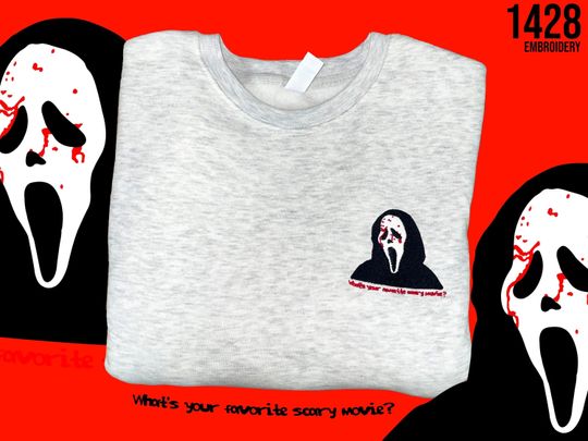 Discover Embroidered Scream Crew Neck, Ghostface Sweater, Scary Movie Sweatshirt, Halloween Outfit, Spooky Shirt, What's Your Favorite Scary Movie