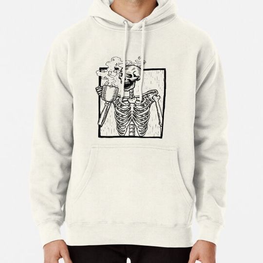 Discover Skeleton Vintage Picture with Smiling Skull drinking Coffee Swea Hoodies