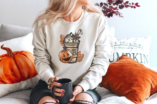 Discover Pumpkin Spice Halloween Sweatshirt, Fall Sweater For Women, Halloween Pullover, Pumpkin Spice Latte Shirt, Comfortable Plus Size Clothing
