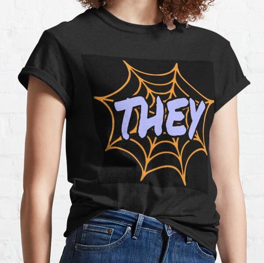 Discover Pronouns in a spider web  they them their T-shirts