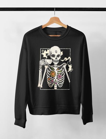 Discover Funny Skeleton Drinking Coffee, Oversized Crewneck Sweatshirt Vintage Gothic Sweater Halloween Flower Skeleton Shirt Coffee Lover Plus Size