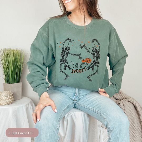 Discover  Tis The Season To Be Spooky Sweatshirt, Dancing Skeleton Shirt, Spooky Season Sweatshirt, Funny Halloween Sweatshirt