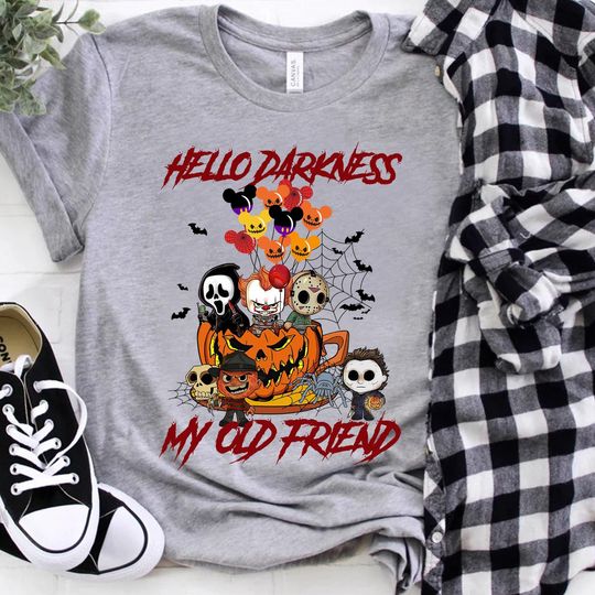 Discover Horror Movie Pumpkin Teacup Balloon Shirt, Hello Darkness My Old Friends, Halloween Funny Shirt, Character Movie Shirt,The Kilier  Tee Shirt