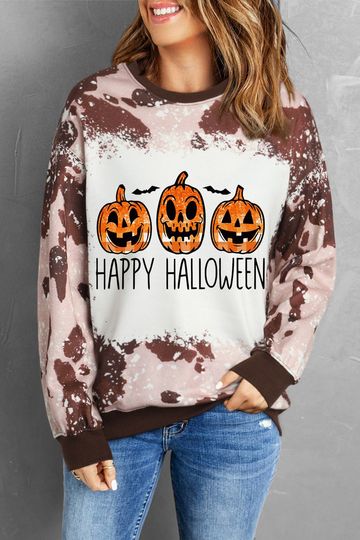 Discover Round Neck Long Sleeve Happy Halloween Graphic Sweatshirt