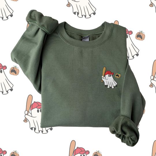Discover Embroidered Baseball Ghost Sweatshirt, Halloween Sweatshirt, Fall Sweatshirt for Women, Halloween Crewneck, Ghost Shirt, Spooky Season