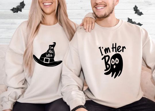 Discover I'm His Witch I'm Her Boo Sweatshirt, Halloween Couple, Spooky Lovers Sweater, Creepy Matching Shirts, Halloween Humor, Scary Season Gift