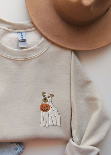 Discover Embroidered Dog Halloween Sweatshirt, Pit Bull Crewneck, Pitbull Ghost Costume Shirt, Spooky Season Dog Ghost Sweater, Pitbull Mom Gifts