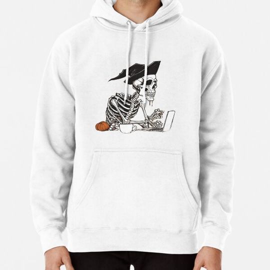 Discover Funny Skeleton Wear Witch Hat Sipping Coffee  and Using the Laptop Hoodies