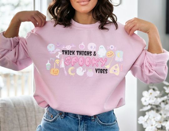 Discover Thick Thighs Spooky Vibes Funny Sweatshirt