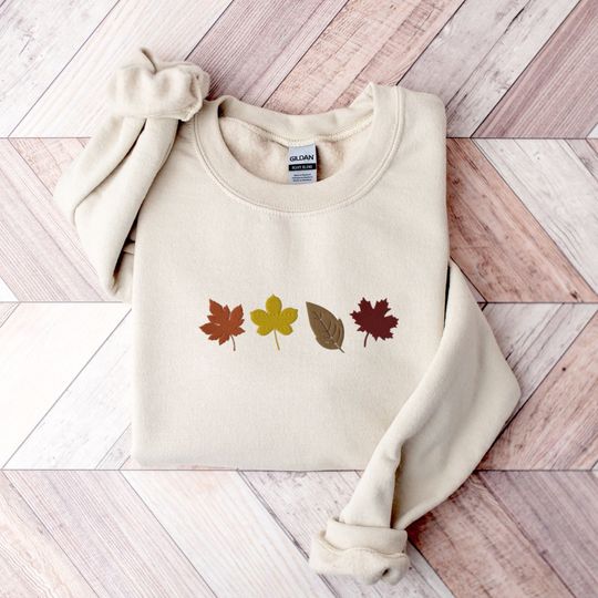 Discover Fall Leaves Embroidered Sweatshirt, Autumn Crewneck Sweater, Cozy Fall Sweatshirt Women, Boho Minimalist, Hello Fall, Thanksgiving Jumper