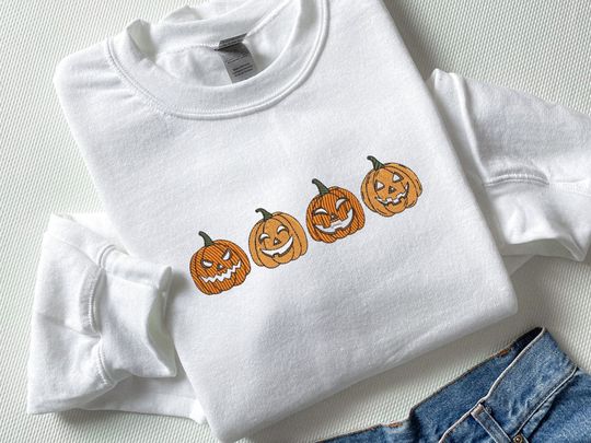 Discover Embroidered Pumpkin Sweatshirt Halloween Embroidered Sweater Spooky Season Sweatshirt Fall Sweater