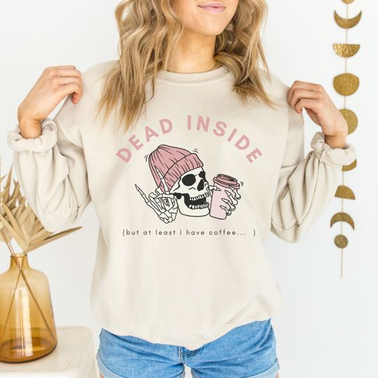 Discover Skeleton Hang Ten Coffee Crewneck Sweater | Dead Inside Humor | Gildan 1800