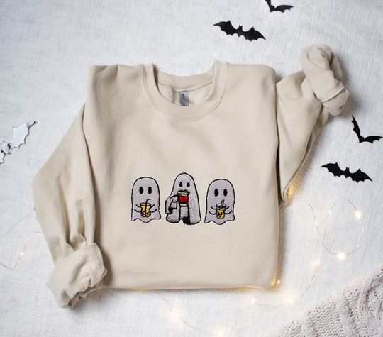 Discover Embroidered Ghost With Coffee Sweatshirt - Cute Halloween Wear