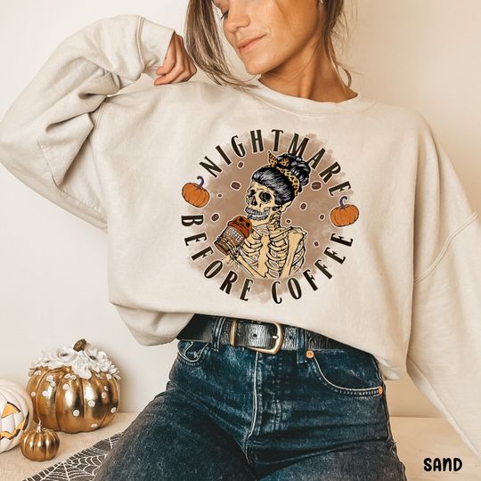 Discover Cute Fall Sweatshirt for Coffee Lovers with Skeleton Design