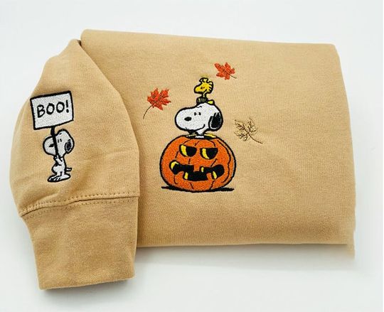 Discover Snoopy Woodstock Fall Embroidered Sweatshirt, Snoopy Pumpkin Embroidered Hoodie, Halloween Cartoon Dog Embroidery Crewneck Sweatshirt Sleeve