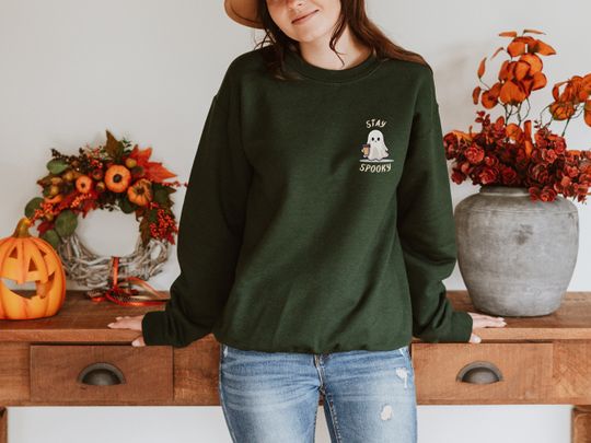 Discover Cute Halloween Sweatshirt, Stay Spooky Ghost, Funny Crewneck Sweater, Spooky Season Gift, Seasonal Fall Autumn, Back to School, Unisex