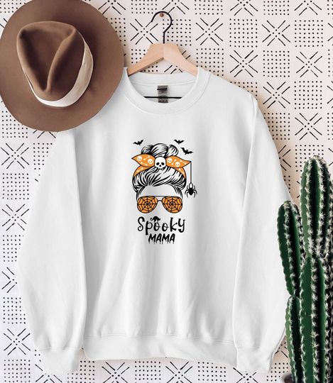 Discover Spooky Mama Sweatshirt, Horror Halloween Life Pumpkin Momster Sweatshirt,Messy Bun Hair Witchy Woman Scary Halloween Party Sweatshirt Hoodie