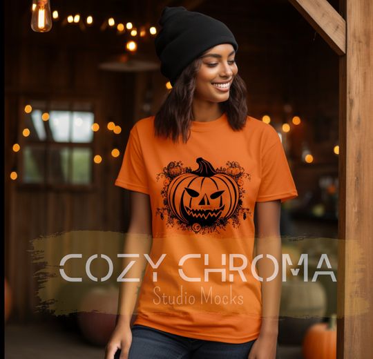 Discover Orange Halloween T-shirt Mockup - Female Edition