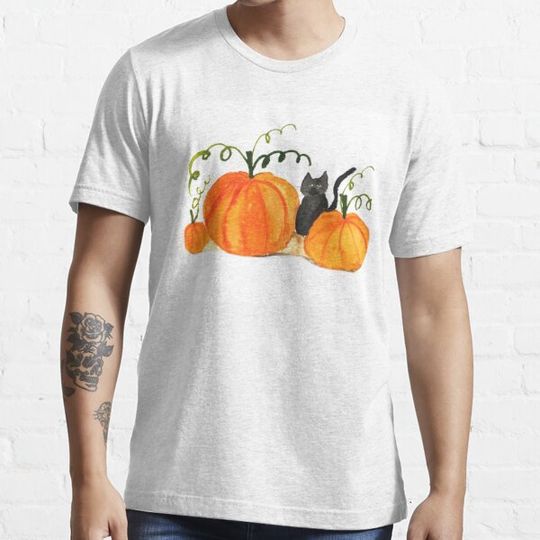 Discover Halloween Orange Pumpkin Cute Black Cat Watercolor T-shirts