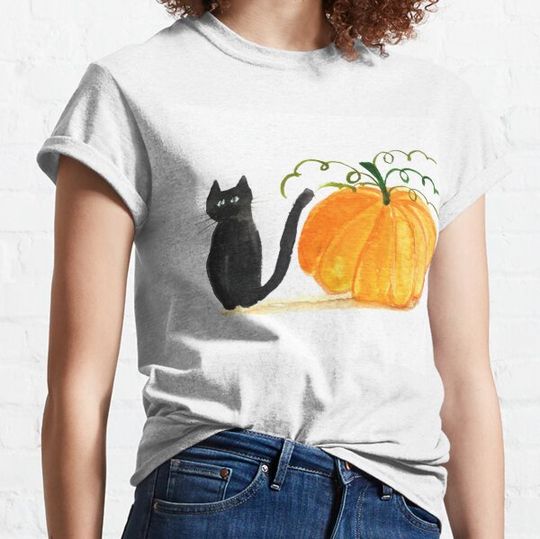 Discover Halloween Pumpkin Black Cat Watercolor T-shirts