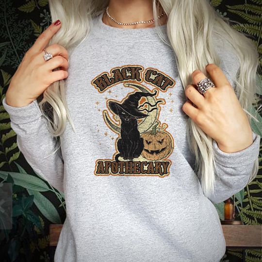 Discover SWEATSHIRT (1863) Black Cat Apothecary Spooky Season Spooky Season Boo Spider Pumpkin Ghost Witch Thanksgiving Skeleton Vibes Halloween