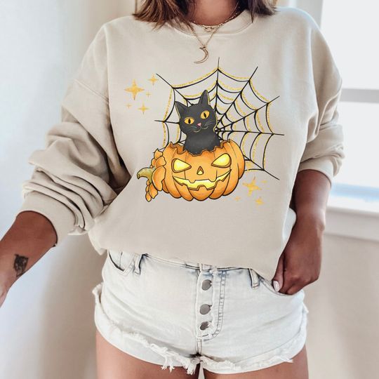 Discover Black Cat Design Pumpkin Sweatshirt - Perfect for Fall