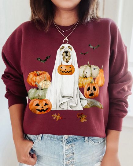 Discover Cottagecore Ghost Dog Sweatshirt, Golden Retriever Fall Tshirt, Bats Halloween Pullover, Boho Pumpkin Patch Crewneck, Spooky Season Sweater
