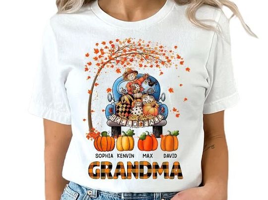 Discover Halloween Shirt For Grandma, Custom Grandkids Name Halloween Shirt, Scarecrow Grandma Pumpkin Patch Shirt, Gift For Grandma Mimi Nana Mom