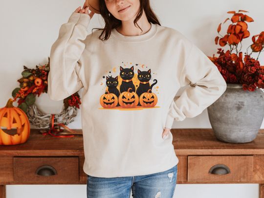 Discover Black Cats, Crewneck Halloween Sweatshirt, Fall Pumpkins Sweater, Spooky Season Gift, Cute Black Cat Lover, Seasonal Autumn, Back to School