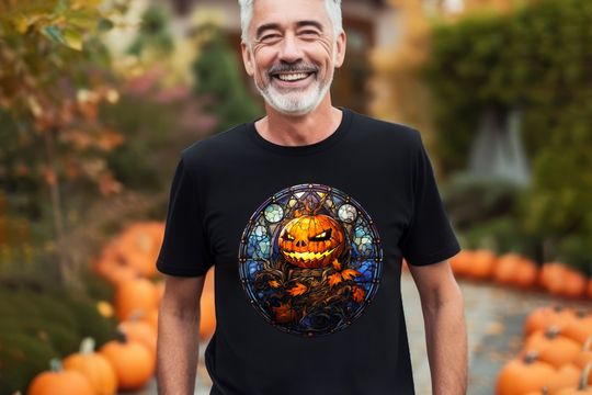Discover Round Stain Glass Jack o Lantern T Shirt| Halloween | Scary T Shirt| Halloween Lover | Spooky Gift | Journal Stickers | Stickers