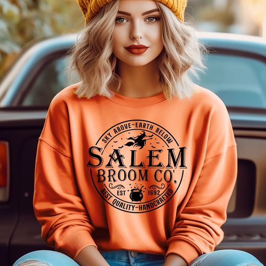 Discover Salem Broom Sweatshirt, Witch Shirt, Halloween Shirt, Fall Shirt For Women, Fall Shirt For Men, Vintage Inspired, Long Sleeve Sweatshirt