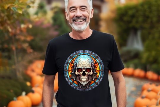 Discover Round Stain Glass Skull T Shirt| Skeleton Halloween | Scary T Shirt| Halloween Lover | Spooky Gift | Journal Stickers | Stickers