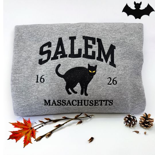 Discover Salem Massachusetts Embroidered  Sweatshirt, Salem Sweatshirt, Witches Shirt, States Crewneck, Black Cat Halloween Sweatshirt