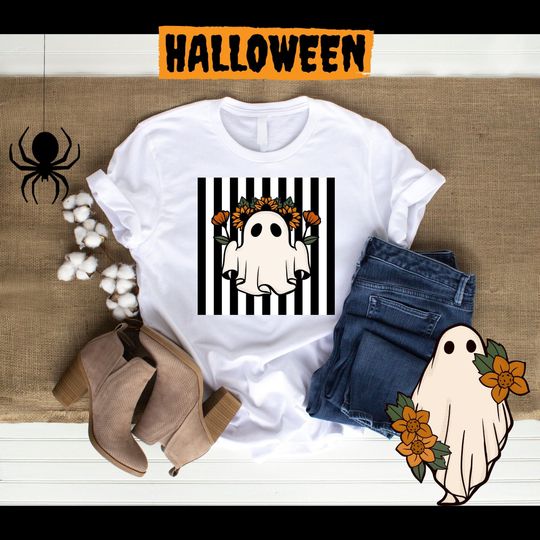 Discover Cute Ghosts With Flowers Halloween T-Shirt, Classic Tee, Men, Women, Spooky Season, Flowers, Spirit, Kawaii, Boho, Gift