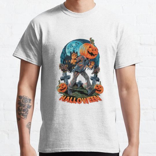 Discover pumpkin-headed human walks on a lonely and dark street near a haunted empty house. editable layers vector T-shirts